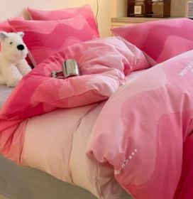 Simple Gradient Color Bed Four Sets Of Cotton Pure Cotton (Option: Gradient wavy red-1.5m bed head 2m)