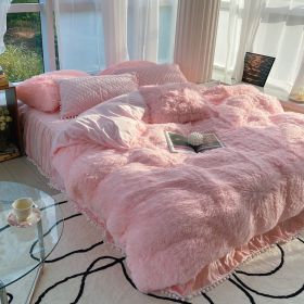 Milk Fiber Winter Mink Fur Bed Four-piece Long Wool Quilt Cover Coral Velvet Double-sided Plush Fleece-lined Quilted Bed Skirt Princess Style (Option: Pink-180CM Bed A)