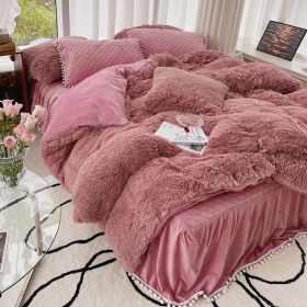 Milk Fiber Winter Mink Fur Bed Four-piece Long Wool Quilt Cover Coral Velvet Double-sided Plush Fleece-lined Quilted Bed Skirt Princess Style (Option: Red And Brown-200CM Bed A)