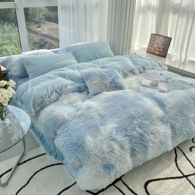 Milk Fiber Winter Mink Fur Bed Four-piece Long Wool Quilt Cover Coral Velvet Double-sided Plush Fleece-lined Quilted Bed Skirt Princess Style (Option: Colorful Sky Blue-180CM Bed B)