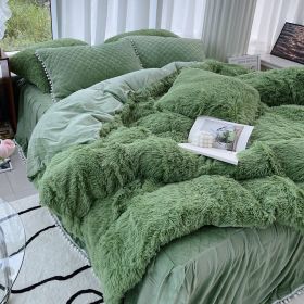 Milk Fiber Winter Mink Fur Bed Four-piece Long Wool Quilt Cover Coral Velvet Double-sided Plush Fleece-lined Quilted Bed Skirt Princess Style (Option: Green-180CM Bed B)
