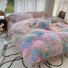 Milk Fiber Winter Mink Fur Bed Four-piece Long Wool Quilt Cover Coral Velvet Double-sided Plush Fleece-lined Quilted Bed Skirt Princess Style (Option: Blue Pink-180CM Bed B)