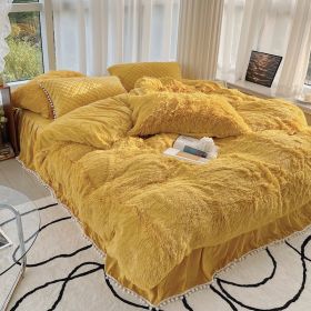 Milk Fiber Winter Mink Fur Bed Four-piece Long Wool Quilt Cover Coral Velvet Double-sided Plush Fleece-lined Quilted Bed Skirt Princess Style (Option: Yellow-200CM Bed B)