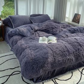 Milk Fiber Winter Mink Fur Bed Four-piece Long Wool Quilt Cover Coral Velvet Double-sided Plush Fleece-lined Quilted Bed Skirt Princess Style (Option: Purple-180CM Bed B)