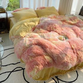 Milk Fiber Winter Mink Fur Bed Four-piece Long Wool Quilt Cover Coral Velvet Double-sided Plush Fleece-lined Quilted Bed Skirt Princess Style (Option: Reddish vellow-200CM Bed A)